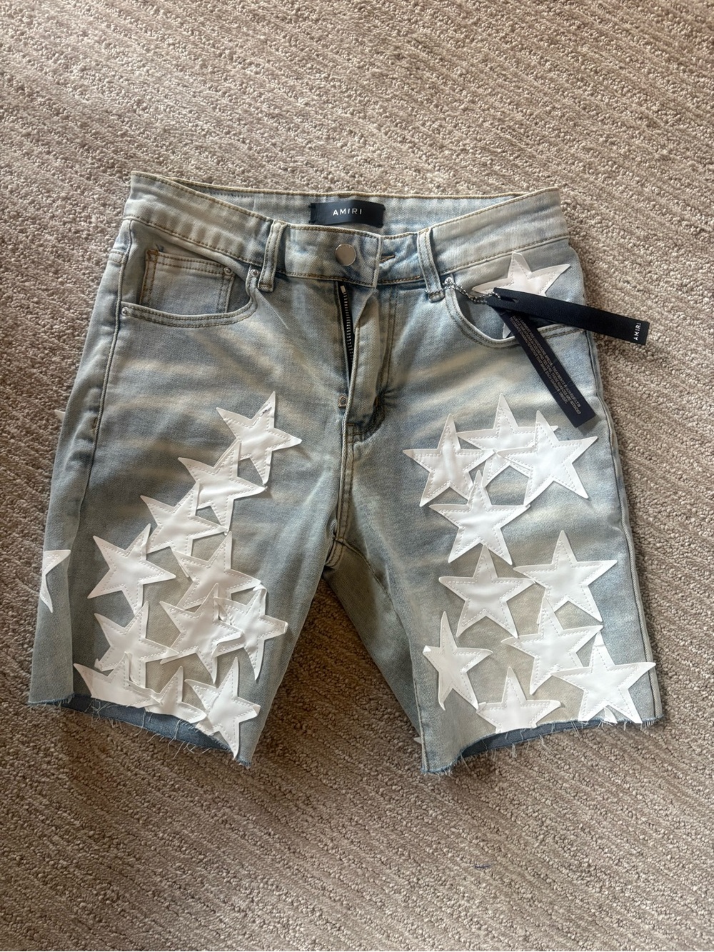 AMIRI Light Gray Denim Shorts with White Star Patches